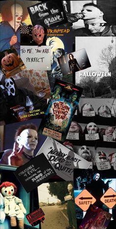 a collage of halloween images with creepy clowns and ghost signs on them, all in black and white