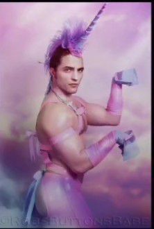 a man dressed up as a unicorn holding a pink and purple object in his hand