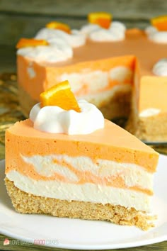 no - bake orange creamsice cheesecake on a white plate with text overlay