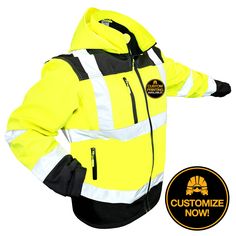 "* HIGH VISIBILITY SOFTSHELL JACKET MEN - Premium high vis jacket featuring: (2) front pockets & (1) chest pocket large enough to hold phone/tools, (1) interior pocket, (1) detachable & foldable hideaway hood & (1) heavy duty zipper closure to keep you warm day/night. This men's work jacket keeps you dry by withstanding light rain, wind & other weather. Insulated reflective jacket men includes adjustable elastic wrist cuffs that allow you to keep in warmth & move freely w/ a more comfortable fit. * WEATHER PROOF MENS REFLECTIVE JACKET - Lightweight safety jacket reflective built w/ a soft synthetic exterior & an extra warm, insulated fleece interior. Thermal, high visibility jacket that is water resistant (NOT waterproof). Reflective yellow high visibility jacket best fitting size coats & Mens Work Jacket, Safety Jacket, Waterproof Jacket Men, Safety Workwear, Reflective Jacket, Construction Workers, Work Gear, Polyester Jacket, Rain Gear