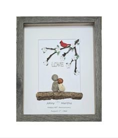 a couple of rocks sitting on top of a tree branch with the word love written in it