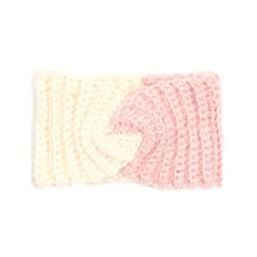 two crocheted headbands, one pink and the other white with a heart