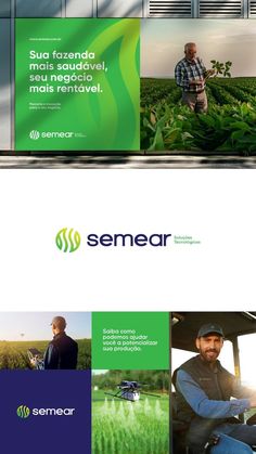 two banners with the words semear and an image of a man on a tractor