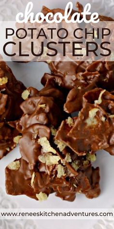 chocolate potato chip clusters on a plate with text overlay that reads chocolate potato chips clusters