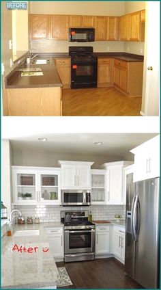 before and after pictures of a kitchen remodel with white cabinets, stainless steel appliances, and wood flooring