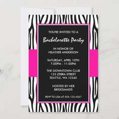 zebra print bachelor party card with hot pink border on black and white background, includes information for guests