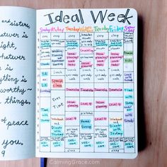 an open planner with the words ideal week written on it in cursive writing