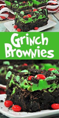 two brownies with green and red candy on top