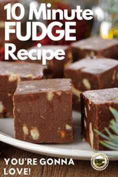 chocolate fudge recipe on a white plate with pineapples in the background and text overlay