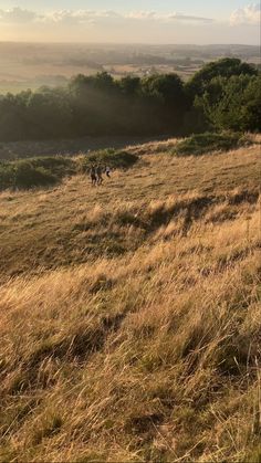 two people riding horses on a grassy hill in the distance, with trees and hills in the background