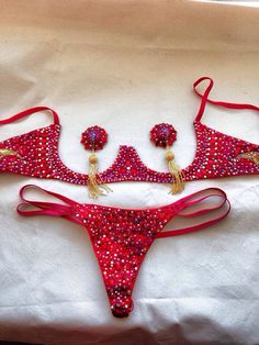 Underwire bra and gstring set, tasseled pasties, red, rhinestoned Bra Pasties, Diy Bra, Festival Outfits Rave, Woman Dresses, Dance Clothes