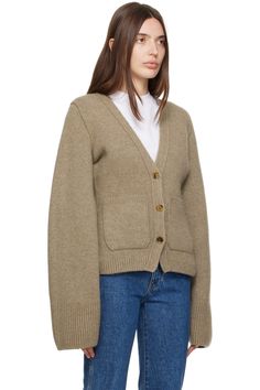 KHAITE: Taupe Scarlet Cardigan | SSENSE Beige Cashmere Cardigan With Ribbed Cuffs, Classic Cashmere Sweater Coat For Everyday, Everyday Cashmere Cardigan With Button Closure, Casual Cashmere V-neck Sweater Coat, Casual V-neck Cashmere Sweater Coat, Fall Beige Wool V-neck Sweater, Fall Cashmere Button-up Cardigan, Fall Cashmere Sweater With Button Cuffs, Everyday Cashmere Cardigan