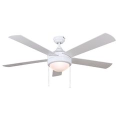 a white ceiling fan with a light on it