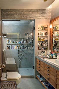 a bathroom with a glass shower door and shelves full of bottles on the wall next to the toilet