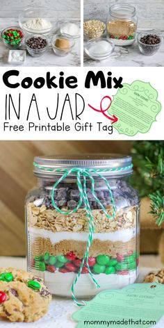 cookie mix in a jar with free printable gift tag and instructions to make it