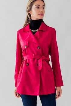 This Double Breasted Soft Suede Trench Coat by Love Tree is a show-stopping outerwear piece that brings a pop of color to your wardrobe. Crafted from plush suede, it offers a luxurious and cozy feel. The double-breasted front and timeless trench coat design exude sophistication, while the vibrant fuchsia color adds a modern twist. Whether you're stepping out for a special occasion or simply elevating your daily look, this coat is a bold and stylish choice that turns heads. Chic Long Sleeve Suede Outerwear, Chic Double-breasted Solid Color Pea Coat, Long Sleeve Suede Blazer For Fall, Fall Suede Long Sleeve Blazer, Winter Suede Blazer For Work, Spring Suede Blazer For Workwear, Spring Suede Blazer For Work, Chic Outerwear With Suede Overlays, Fall Suede Outerwear With Lapel Collar