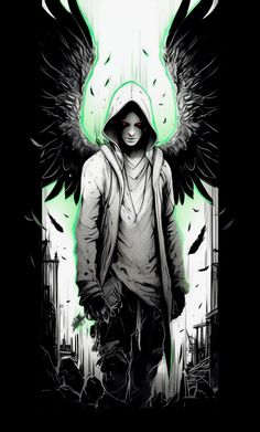 an image of a man with wings on his head and hoodie over his face