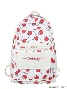 BagForLove - Embroidered Classic Backpack with Lettering White Letter Print Bag For Back To School, White Letter Print Standard Backpack, Strawberry Backpack, Strawberry Cartoon, Cartoon Strawberry, Kawaii School, Vegetable Bag, College Backpack, Cute Strawberry