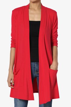 Daday Slouchy Pocket 3/4 Sleeve Cardigan RED_1 Pretty Cardigans, Older Women Fashion, Slouchy Sweater, Red And Teal, Layered Tops, Lightweight Cardigan, Branded Sweatshirts, Weekend Wear, Sleeve Cardigan