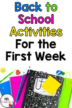 the back to school activities for the first week of school are organized with notebooks and pens