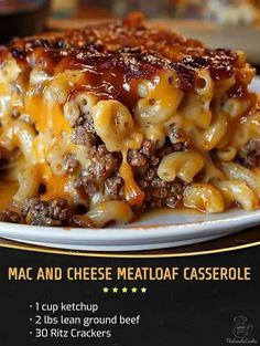 the macaroni and cheese meatloaf casserole is on a plate