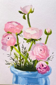 a painting of pink flowers in a blue vase