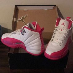 Jordans Tried On But Too Big And Was A Gift So Couldn’t Return Them Pink Round Toe Basketball Shoes For Spring, White Synthetic Basketball Shoes, White Synthetic Basketball Shoes For Spring, Spring Season White Synthetic Basketball Shoes, New Jordans, Jordan Retro 12, Shoes Jordan, Jordan 23, Kids Jordans