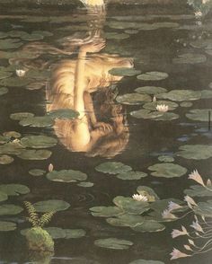 a painting of a woman in the water with lily pads