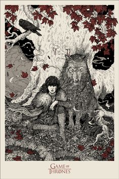 a drawing of a girl and a bear in the woods