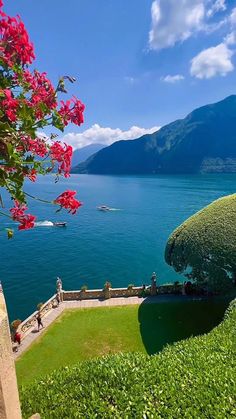 a scenic view of the water and mountains