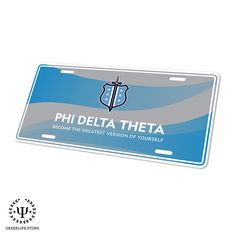 a blue and white license plate with the phi delta logo on it