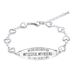 ♥ BEST GIFTS FOR GIRLS♥ - The engraved loving message "♥ My love goes with you til the very end.My sister,My Friend ♥" will not fade, with clearly visible. Good quality unique gifts on your behalfto her unique love,is a best cute matching bracelets for best friends♥ PERFECT SIZE:This Fashion Sister bracelets with Polished to a brilliant shine,measures 7 inches add 1.5 inches extender that secures with a lobster clasp. This length works great for just about all women! ♥PREMIUM QUALITY: linnalove Engraved Heart Bracelet For Valentine's Day Friendship, Engraved Heart Bracelet For Friendship On Valentine's Day, Cute Matching Bracelets, Matching Bracelets For Best Friends, Sister Bracelets, Bff Bracelets, Best Friend Bracelets, Best Gifts For Girls, Cousin Gifts