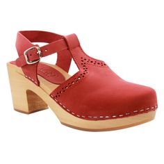 "The Anneli from BJORK by KLAGN Swedish Comfort is a hand-made open back, closed toe wooden clog sandal in red nubuck leather. * Hand Made in Europe * Nubuck Leather * Adjustable strap * 2.75\" / 70mm heel and .75\" / 20mm platform * Genuine European wood outsole with rocker bottom to propel the foot forward * Outsole wood harvested from sustainable European forests ---> Ships in 1 business day ---Sizing Conversion EU     US Women's 35      5 36  5.5 - 6 37  6.5 38  7 - 7.5 39  8 - 8.5 40  9 - 9 Red Leather Clogs With Block Heel, Red Sandals With Wooden Block Heel, Red Closed Toe Mules With Leather Sole, Red High Heel Mules With Wooden Heel, Red Leather Open Heel Clogs, Suede Clogs With Heel Loop, Red Open Toe Clogs With Wooden Heel, Red Closed Toe Mules With Wooden Heel, Red Leather Sole Clogs For Summer