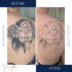 before and after photos of a woman's back tattoo