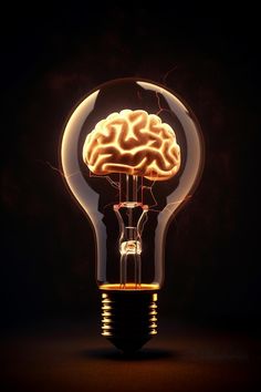 a light bulb with a brain inside it on a black background, in the shape of a human head