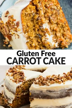 a slice of carrot cake with cream cheese frosting and pecans on top