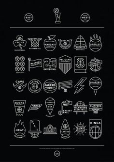 a black and white poster with different types of logos on the front, back and sides