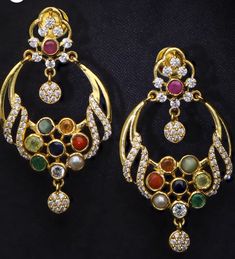 Navratna Earrings Gold, Luxury Gold Meenakari Earrings, Ceremonial 22k Gold Meenakari Earrings, Gold Meenakari Chandelier Dangle Earrings, Festive Gold-plated Meenakari Chandelier Earrings, Jewellery Design Sketches, Design Sketch, Design