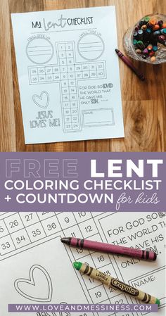 the free printable coloring checklist for kids is shown with crayons and crayo