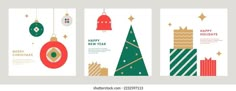 three vertical banners with christmas decorations and baubles hanging from the strings on white background