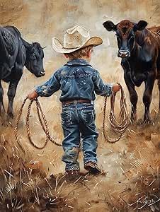 a painting of a boy in cowboy attire standing next to two cows on a field