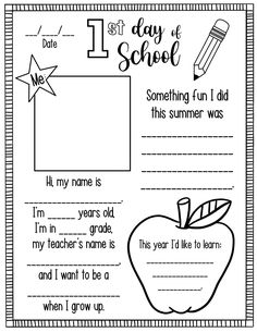 the first day of school worksheet with an apple