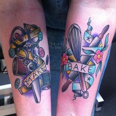 two people with tattoos on their legs