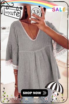 Casual Lace Stitching Five-quarter Sleeve Cotton and Linen Shirt Gray Patchwork Short Sleeve Tops, Gray Patchwork Summer Top, Summer Gray Patchwork Tops, Gray Half Sleeve Tops For Spring, Casual Lace, Quarter Sleeve, Linen Shirt, Sleeve Cotton, Ladies Tops Fashion