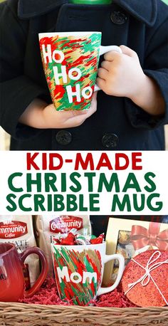 a young boy holding a coffee mug in front of his face with the words kid - made christmas scribble mug