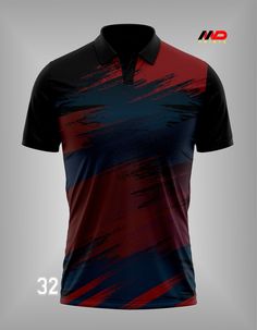 a polo shirt with red and blue paint splattered on the front, in black