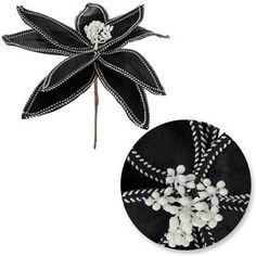 a black and white flower is on top of a round plate with some flowers in it