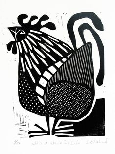 a black and white drawing of a chicken with an intricate pattern on it's head