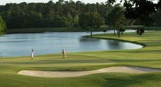 two people playing golf in front of a body of water with trees and grass on both sides