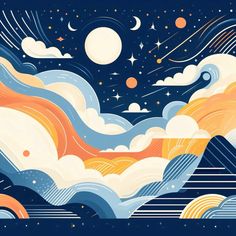 an illustration of clouds and stars in the night sky